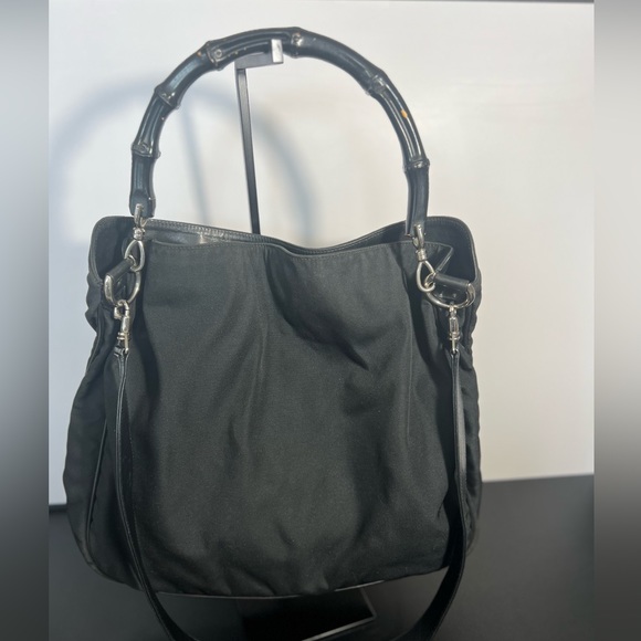 Gucci black nylon canvas hobo bag with leather strap and bamboo handle - Picture 7 of 15